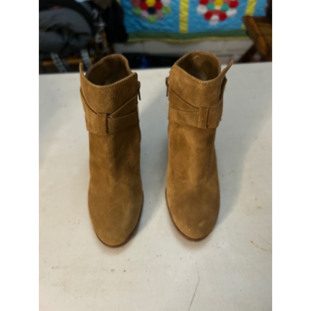 Gianni Bini Tan Suede Harness Ankle Boots Brown Block Heel Booties Womens 8.5M